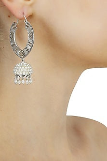 Silver finish seed pearls jhumki drop earrings