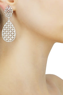 Silver finish seed pearls jali pattern earrings