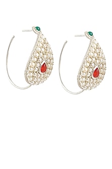 Silver finish set seed pearls open hoop earrings