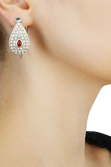 Silver finish set seed pearls open hoop earrings