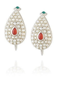 Silver finish set seed pearls open hoop earrings
