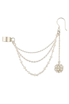 Silver finish seed pearl earrings with attached chain earcuffs