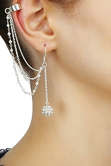 Silver finish seed pearl earrings with attached chain earcuffs
