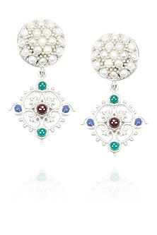 Silver finish seed pearls and encrusted multi color stone drop earrings