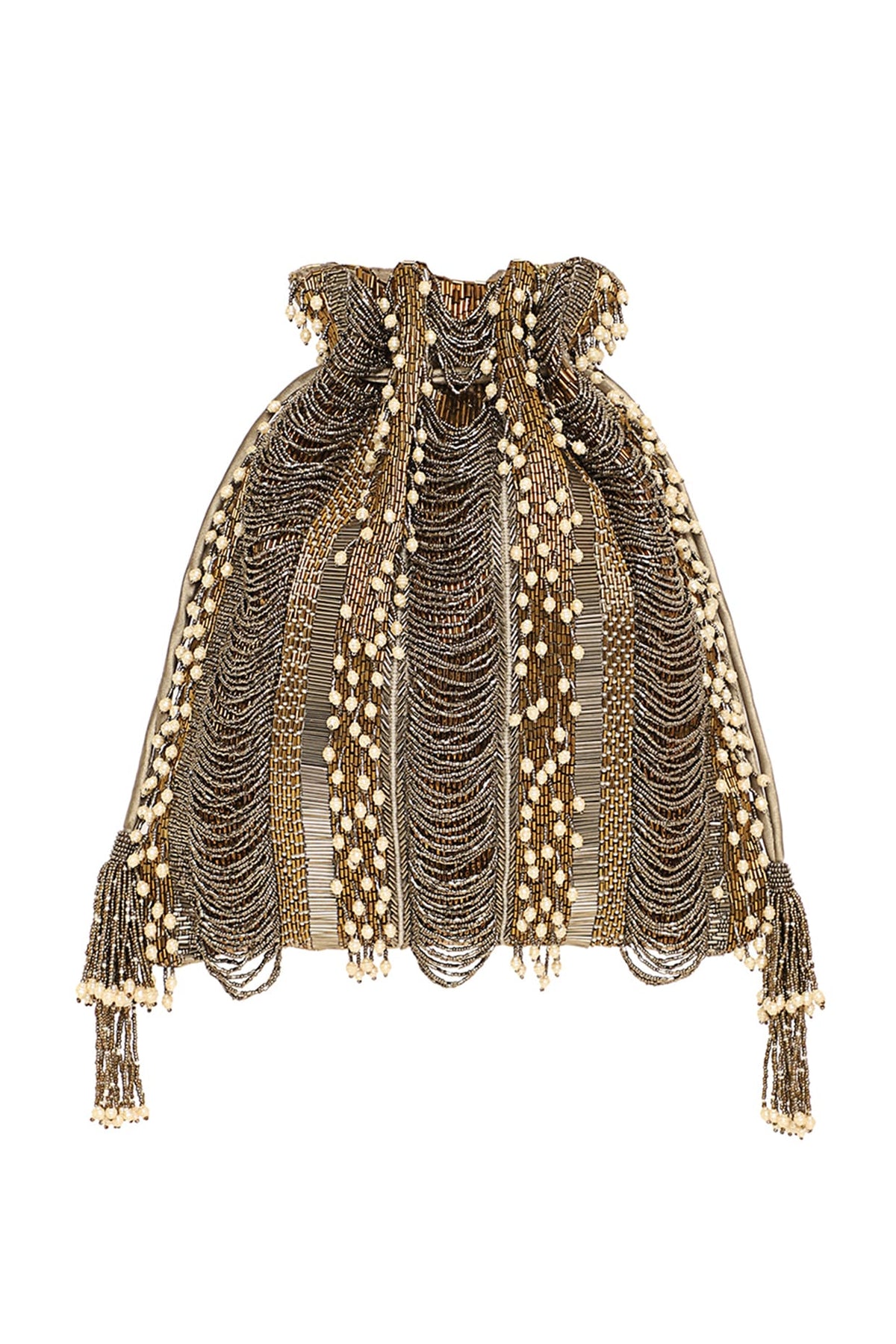 Antique Gold Embroidered Potli With Fringe
