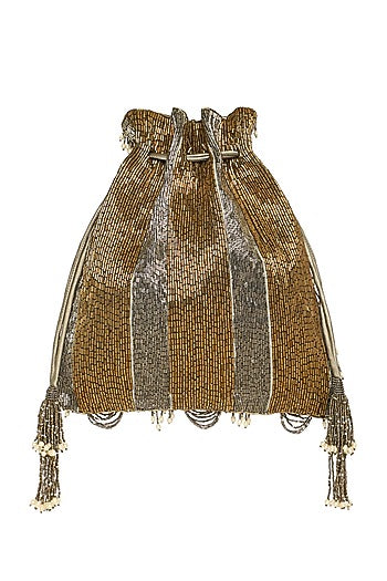 Antique Gold Embroidered Potli With Fringe