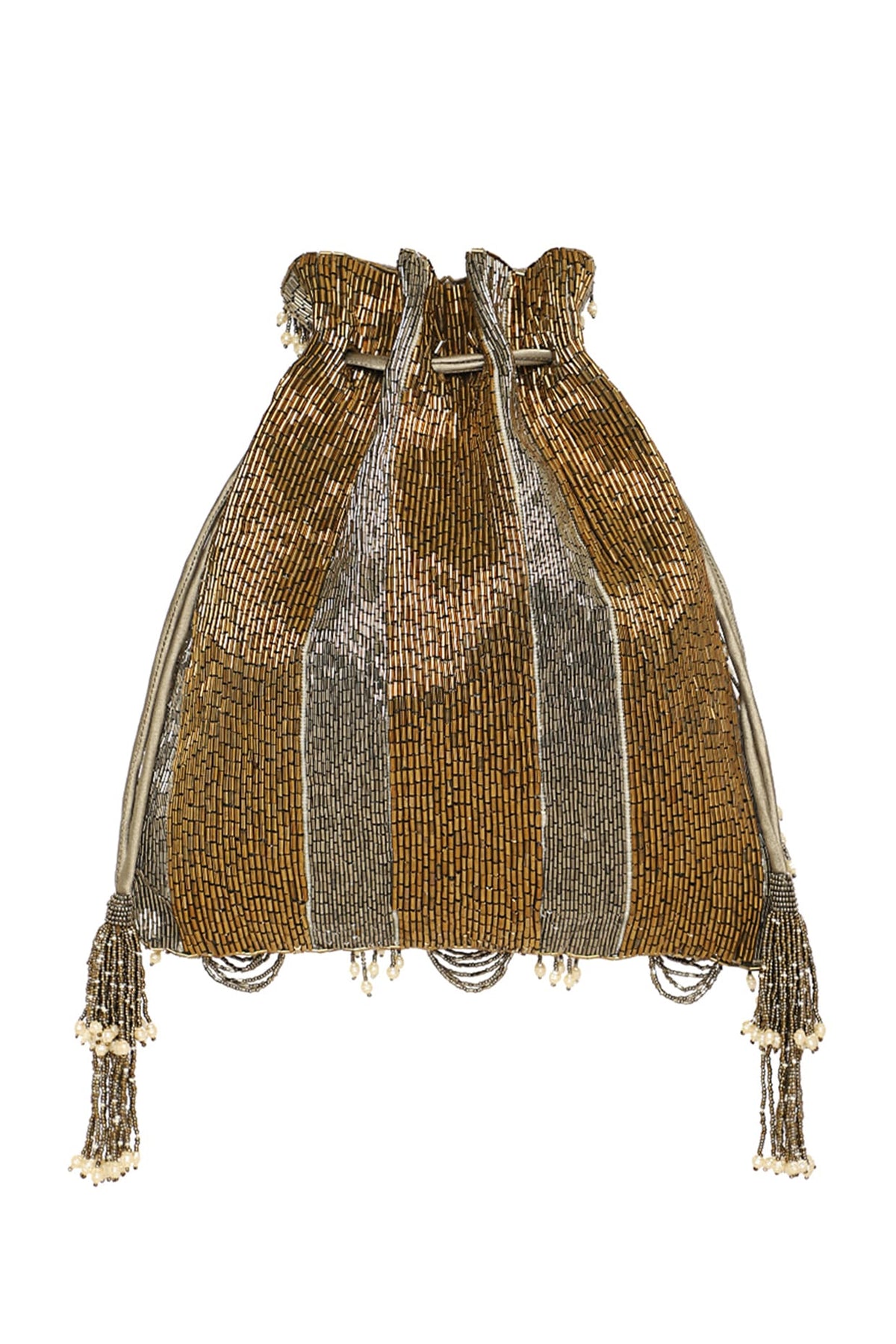 Antique Gold Embroidered Potli With Fringe