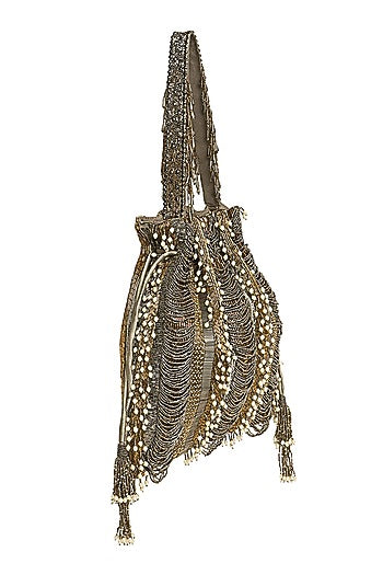 Antique Gold Embroidered Potli With Fringe