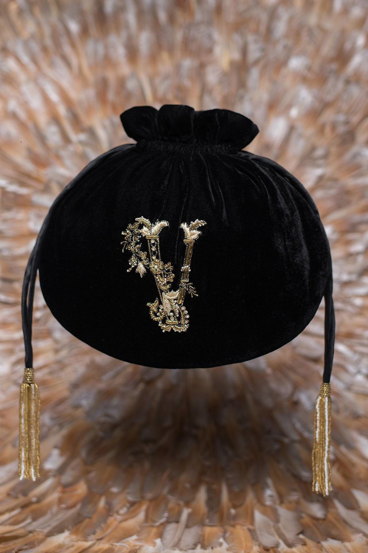 Black Embroidered Calligraphy Potli With Drawstrings