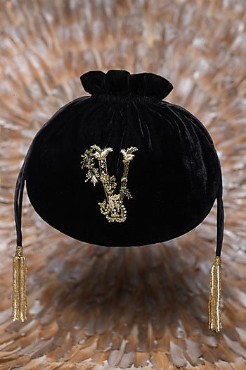 Black Embroidered Calligraphy Potli With Drawstrings