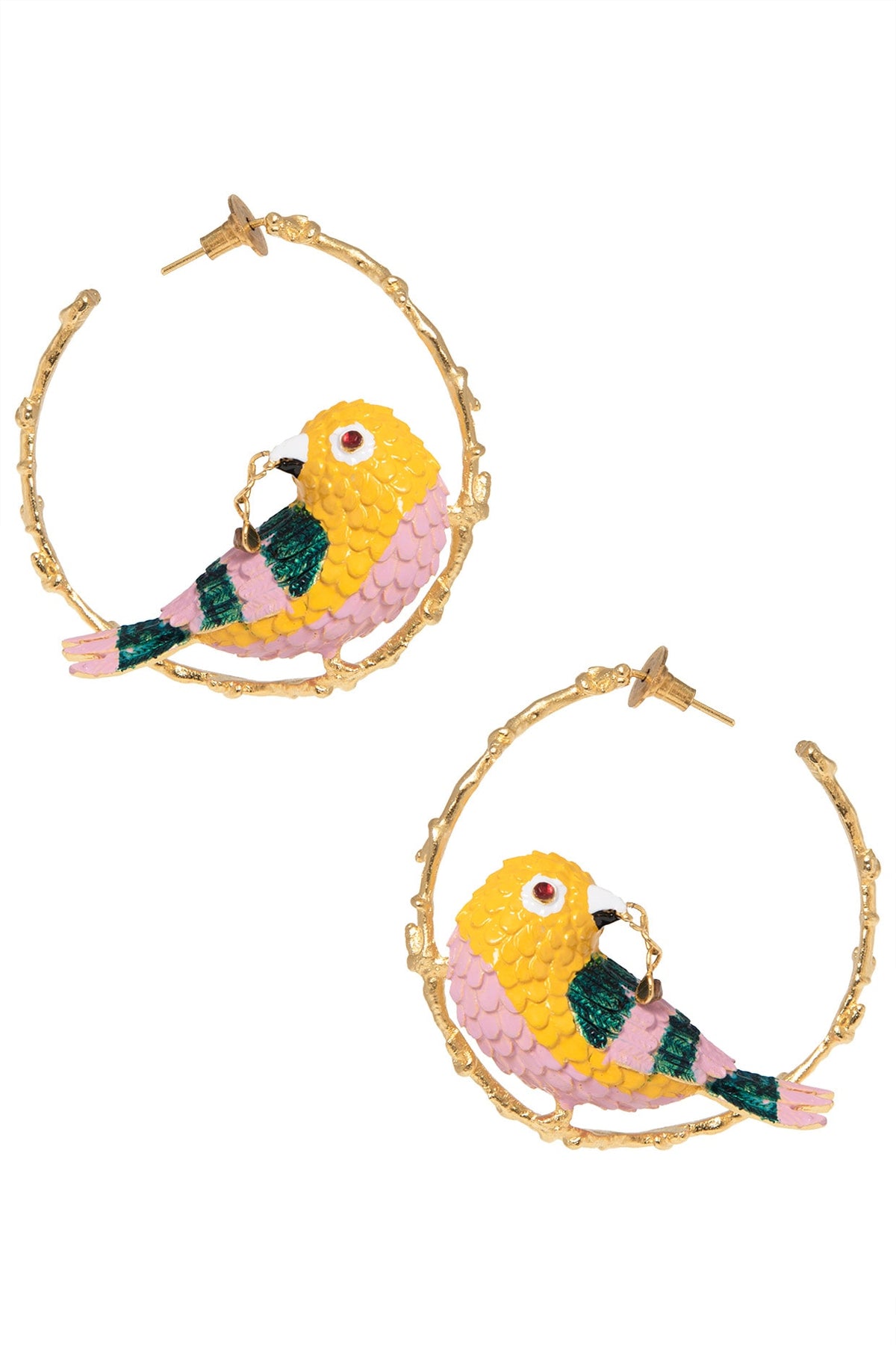 Gold Plated Meena Work Bird Hoop Earrings
