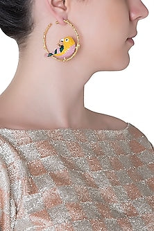 Gold Plated Meena Work Bird Hoop Earrings