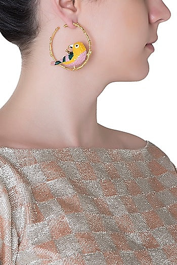 Gold Plated Meena Work Bird Hoop Earrings