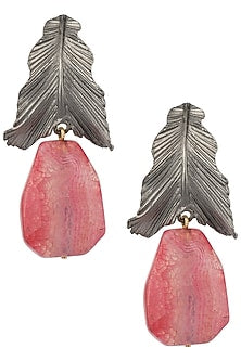 Silver Plated Pink Stone Drop Leaf Shaped Earrings