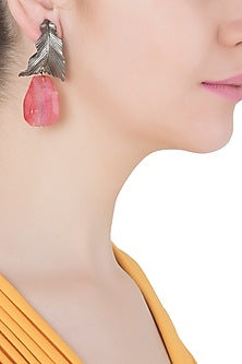 Silver Plated Pink Stone Drop Leaf Shaped Earrings