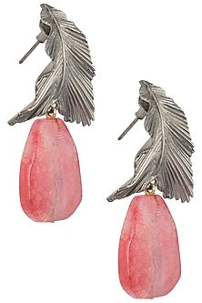 Silver Plated Pink Stone Drop Leaf Shaped Earrings