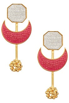 Gold and Silver Dual Plated Red Stone Crescent Earrings