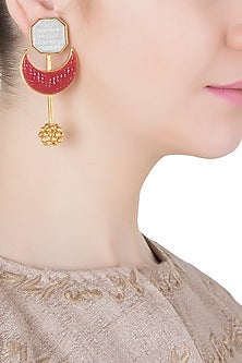 Gold and Silver Dual Plated Red Stone Crescent Earrings