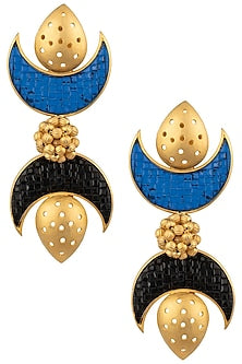 Gold Plated Black and Blue Stone Double Crescent Earrings