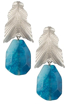 Silver Plated Blue Stone Drop Leaf Shaped Earrings
