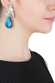Silver Plated Blue Stone Drop Leaf Shaped Earrings