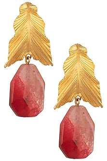Gold Plated Pink Stone Drop Leaf Shaped Earrings