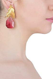 Gold Plated Pink Stone Drop Leaf Shaped Earrings