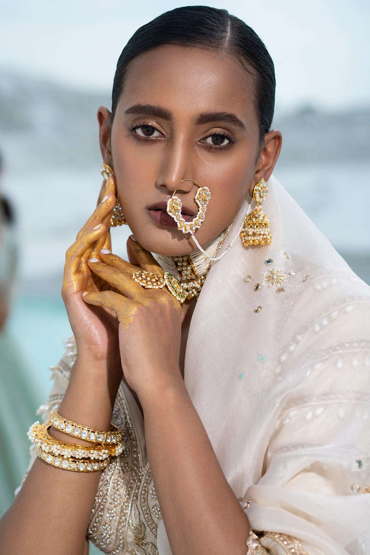 Gold Finish Nose Ring With Kundan Polki