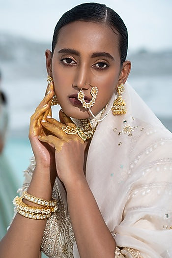 Gold Finish Nose Ring With Kundan Polki