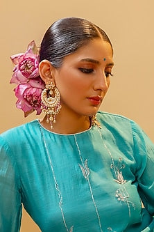 Gold Finish Kundan Polki & Pink Beaded Chandbali Earrings
