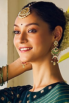 Gold Finish Kundan Polki & Pearl Maang Tikka