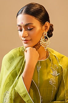 Gold Finish Kundan Polki & Pearl Chandbali Earrings
