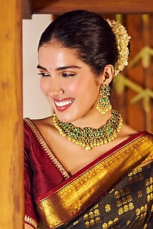 Gold Finish Kundan Polki & Green Jadau Drop Necklace Set
