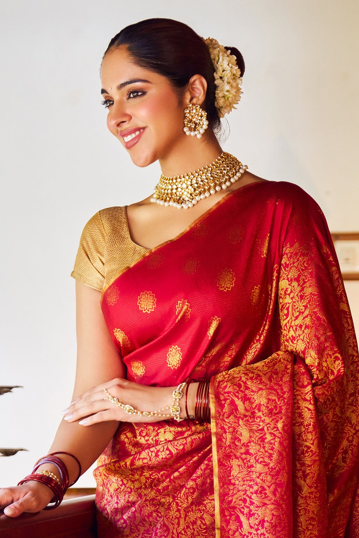 Gold Finish Kundan Polki & Pearl Hathphool (Set Of 2)