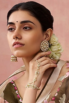 Gold Finish Kundan Polki & Ruby Jadau Hathphool (Set Of 2)