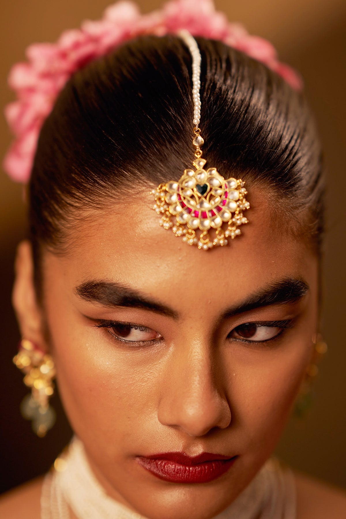 Gold Finish Kundan Polki & Pearl Handmade Jadau Maangtikka