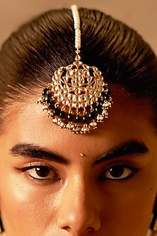 Gold Finish Kundan Polki & Pearl Handmade Jadau Maangtikka