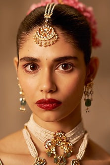 Gold Finish Kundan Polki & Pearl Handmade Jadau Maangtikka