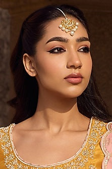 Gold Finish Kundan Polki & Pearl Handmade Jadau Maangtikka