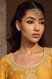 Gold Finish Kundan Polki & Pearl Handmade Jadau Maangtikka