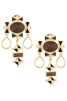 Gold Plated 3D Cut Wooden Black and Off White Earrings
