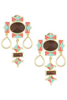 Gold Plated 3D Cut Blue and Pink Earrings