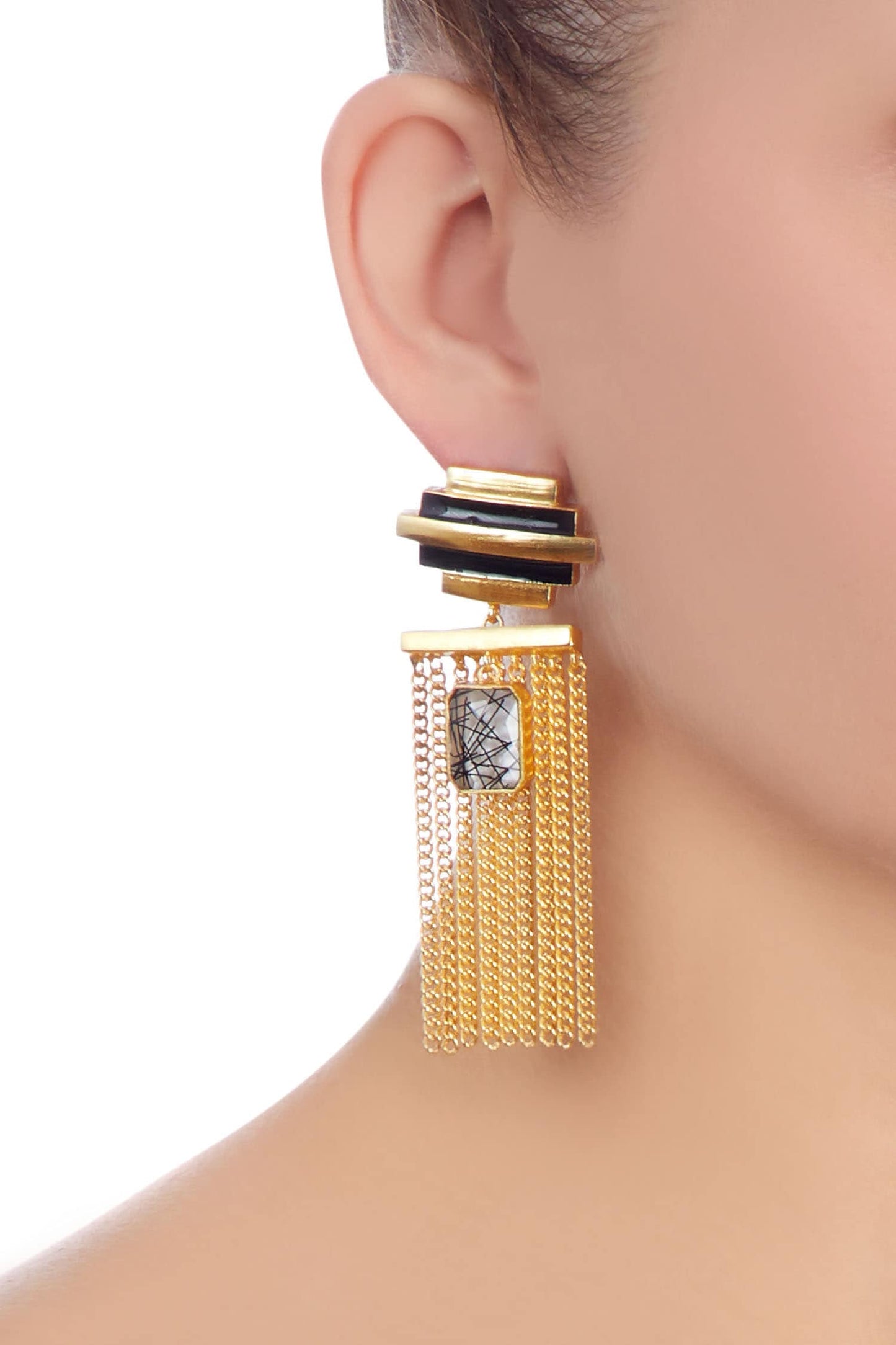 Stone Embedded Chain Earrings 