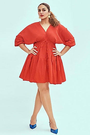 Red Handwoven Dress With Drawstrings