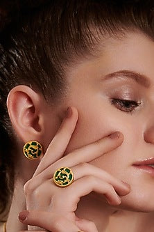 Gold Plated Green Enameled Floral Disc Ring