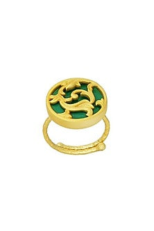 Gold Plated Green Enameled Floral Disc Ring