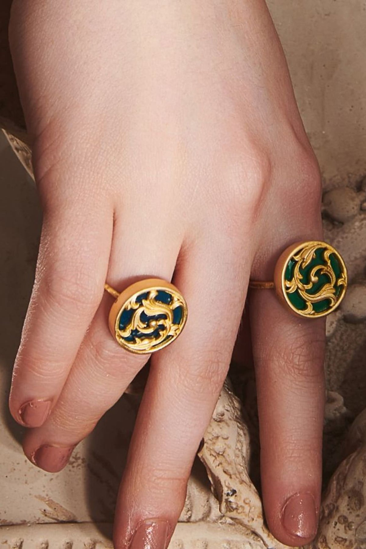 Gold Plated Blue Enameled Floral Disc Ring