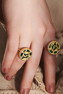 Gold Plated Blue Enameled Floral Disc Ring