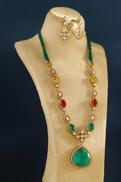 Gold Finish Emerald & Ruby Temple Necklace Set In Sterling Silver