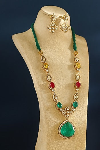 Gold Finish Emerald & Ruby Temple Necklace Set In Sterling Silver